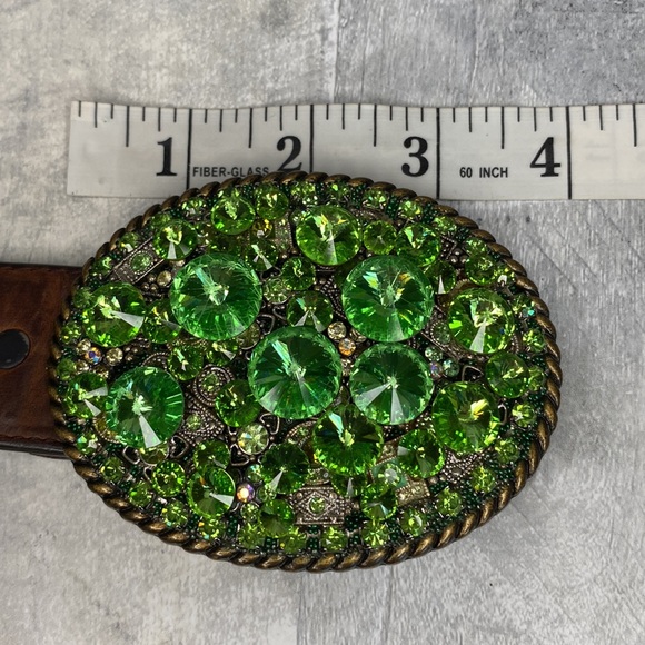 Green Rinestone Y2K Vintage Swarovski Crystal Western Leather Belt Size 36 - Picture 13 of 13